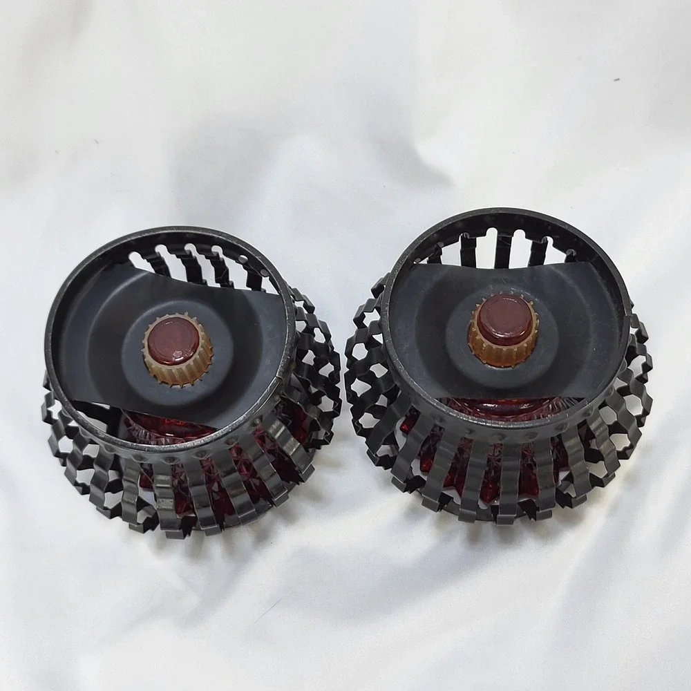 Vintage Ruby Red Diamond Point Glass Peg Votive Candle Holders Metal Cage Set 2
